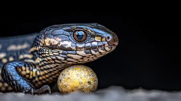 Close up of a Black throated Monitor Lizard near its Prey Reptile Detail Shot photo