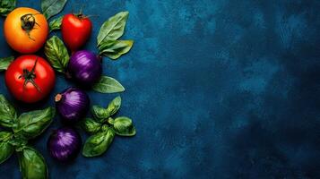 Vibrant Tomatoes Red Onions and Fresh Basil on Dark Blue Background photo