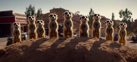 Nine Meerkats Standing on a Sand Dune Desert Landscape Background photo