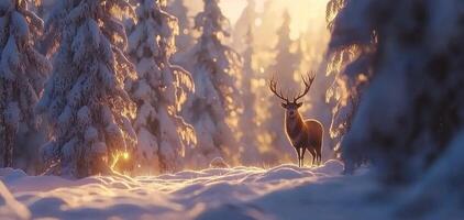 Majestic Red Deer in Snowy Winter Forest at Golden Hour Sunrise photo
