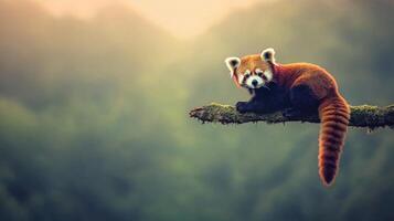 Adorable Red Panda Perched on Mossy Branch in Misty Forest Habitat photo