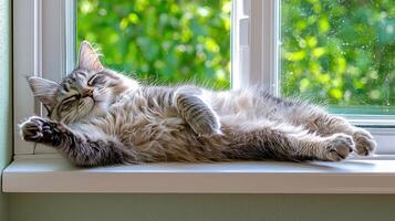 Fluffy Gray Cat Napping Peacefully on a Windowsill Sunlight Streaming Through photo
