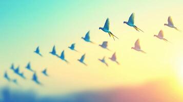 Flock of Birds in Flight at Sunset Colorful Parrot Birds Soaring Freedom Concept photo