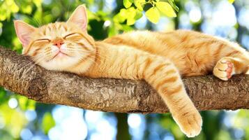 Adorable Ginger Cat Napping Peacefully on a Tree Branch Outdoors in Spring photo