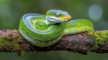 Green Tree Python Coiled on Mossy Branch in Rainforest Habitat photo