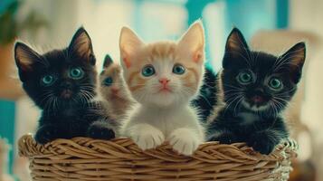 Adorable Kittens Three Cute Fluffy Cats in Wicker Basket Pet Photography photo