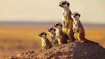 Adorable Meerkat Family Group at Sunset in African Savanna photo