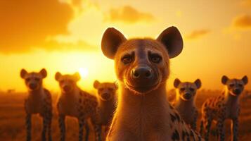 Spotted Hyenas at Sunset in African Savanna Wildlife Photography photo