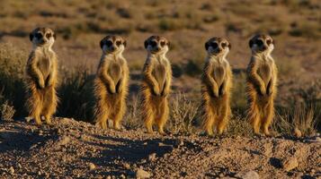 Five Meerkats Standing in a Row in Desert Habitat at Sunset photo