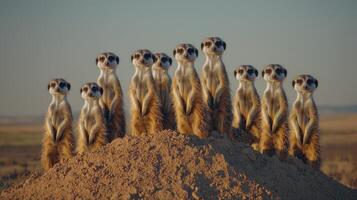 Nine Meerkats Standing on a Sand Mound at Sunset in African Savanna photo