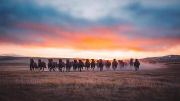 Majestic Herd of Wild Horses Galloping at Sunset Across Prairie Landscape photo
