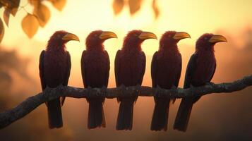 Five Red Collared Woodpeckers Perched on Branch at Sunset Wildlife Photography photo