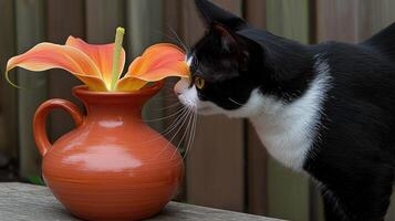 Curious Tuxedo Cat Investigating Vibrant Orange Flower in Terracotta Vase photo