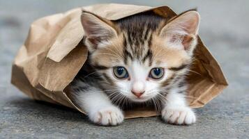 Adorable Kitten Playing Hide and Seek in a Brown Paper Bag photo