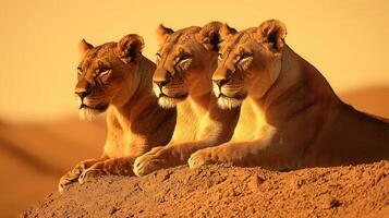 Three African Lionesses Resting on Sandy Dune at Sunset Wildlife Safari photo