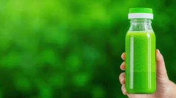 Refreshing Green Smoothie in Glass Bottle Held Outdoors Healthy Drink Concept photo