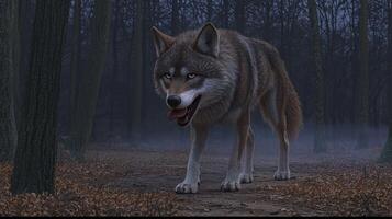 Majestic Gray Wolf Walking Through Misty Forest at Dusk photo