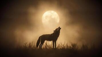 Majestic Lone Wolf Howling at the Full Moon in Misty Field at Dusk photo