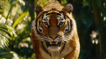 Majestic Bengal Tiger Close Up in Lush Tropical Jungle Setting photo
