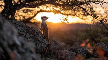 Majestic Meerkat Silhouetted at Sunset on Rocky Outcrop African Savanna Wildlife photo