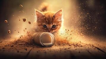 Playful Ginger Kitten Creating Dust Cloud Near Milk Adorable Pet Photography photo