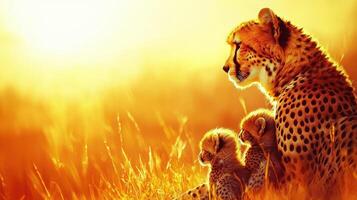 Majestic Cheetah Mother and Cubs at Golden Hour in African Savanna photo