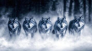 Majestic Wolf Pack Walking Through Snowy Winter Forest Landscape photo