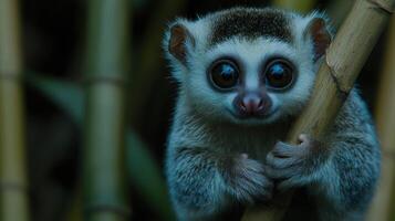 Adorable Baby Slow Loris Clinging to Bamboo in Dark Forest photo