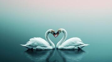 Two Swans Forming Heart Shape on Serene Teal Water Romantic Wildlife Scene photo