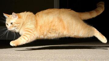 Ginger Cat in Motion Dynamic Leap Across Carpet Fluffy Fur Paws Extended photo