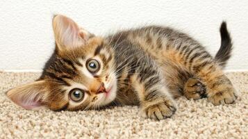 Adorable Tabby Kitten Lying on Beige Carpet Cute Pet Cat Portrait photo