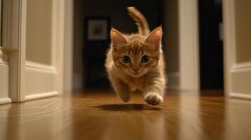 Adorable Ginger Kitten Running Across Hardwood Floor in Home Interior photo