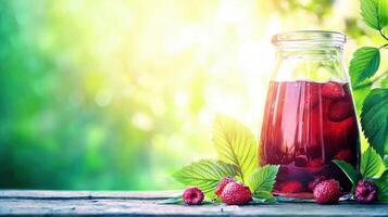 Refreshing Homemade Raspberry Drink in Glass Jar Summer Garden Setting photo
