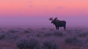 Majestic Moose at Sunrise in Misty Grassland Wildlife Photography photo