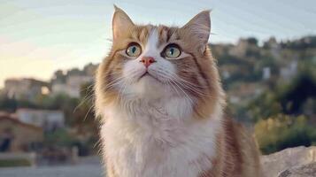 Adorable Fluffy Longhair Cat Outdoors Looking Up City Background photo