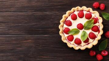 Delicious Raspberry Tart on Rustic Wooden Background Creamy Filling Summer Dessert photo