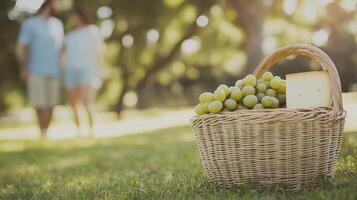 Wicker Basket with Green Grapes and Cheese in a Park Couple Blurred Background photo