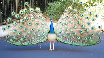 Majestic Peacock Displaying Vibrant Tail Feathers Outdoors in Full Plume photo