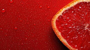Juicy Red Grapefruit Slice with Water Droplets on Red Background Close up Photography photo