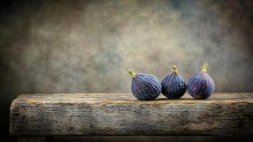 Three Ripe Figs on Rustic Wooden Table Still Life Photography Autumnal Colors photo