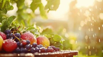 Fresh Juicy Summer Fruits Apples Grapes Dewdrops on Wooden Table photo