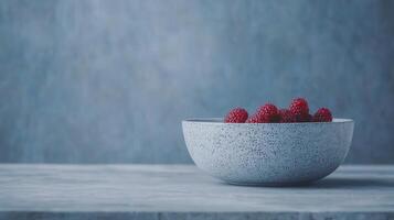 Fresh Raspberries in a Speckled Gray Bowl on a Rustic Table photo