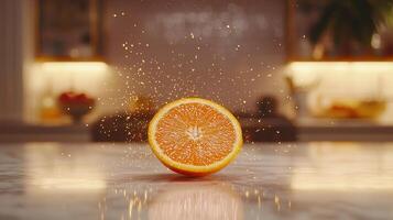 Juicy Orange Slice with Sparkling Water Splashes on Kitchen Counter photo