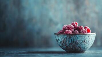 Fresh Raspberries in Rustic Blue Bowl Close Up Still Life Photography photo