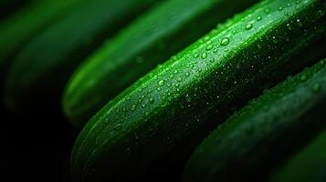 Close up of Fresh Green Cucumbers Covered in Dew Drops Vibrant and Juicy Texture photo
