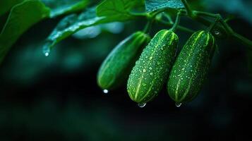 Lush Green Cucumbers with Dew Drops on Vine Close Up Fresh Produce photo