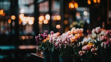 Vibrant Flower Arrangements in a City Shop Window Display at Night photo