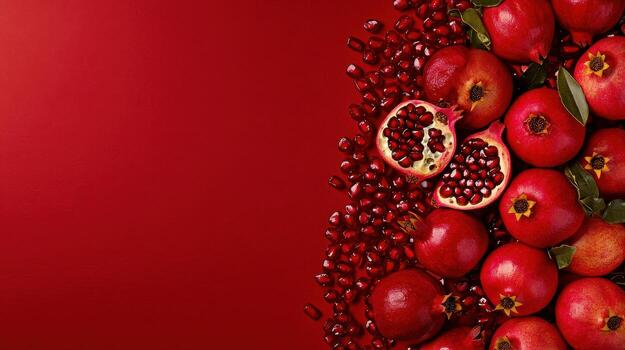 Vibrant Red Pomegranates with Seeds on Dark Red Background Food Photography photo