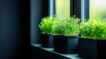 Vibrant Microgreens Growing in Black Pots on Windowsill Indoor Gardening Fresh Herbs photo