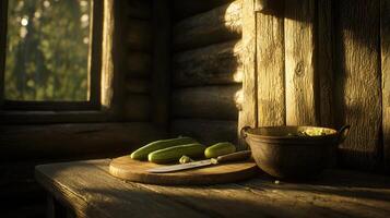 Rustic Cabin Kitchen Scene Cucumbers Knife Wooden Bowl Log Cabin Setting photo